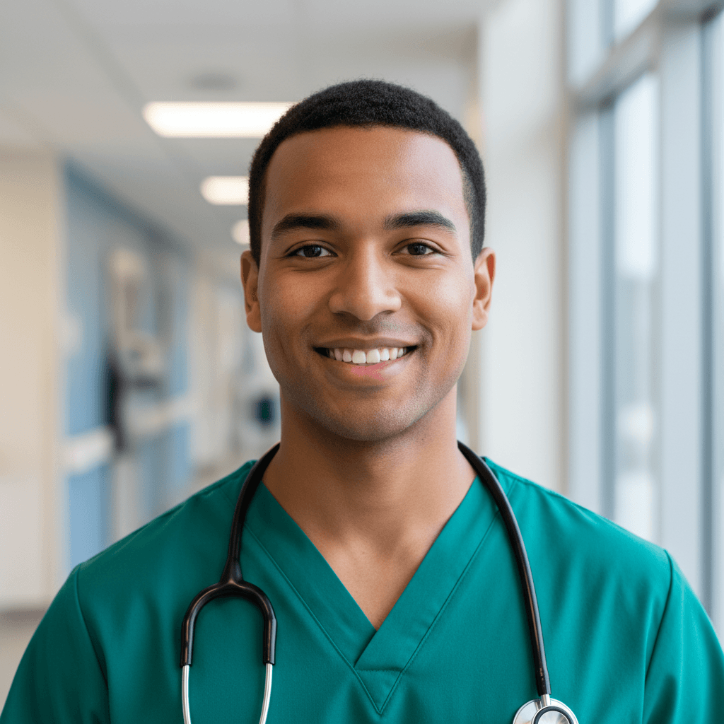 Nurse walking confidently through German hospital